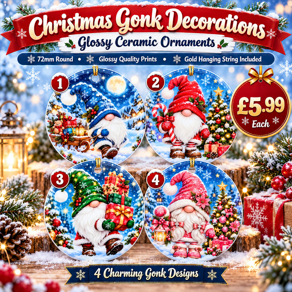 Christmas Gonk Ceramic Tree Decorations – 4 Festive Designs | 72mm Glossy Ornaments