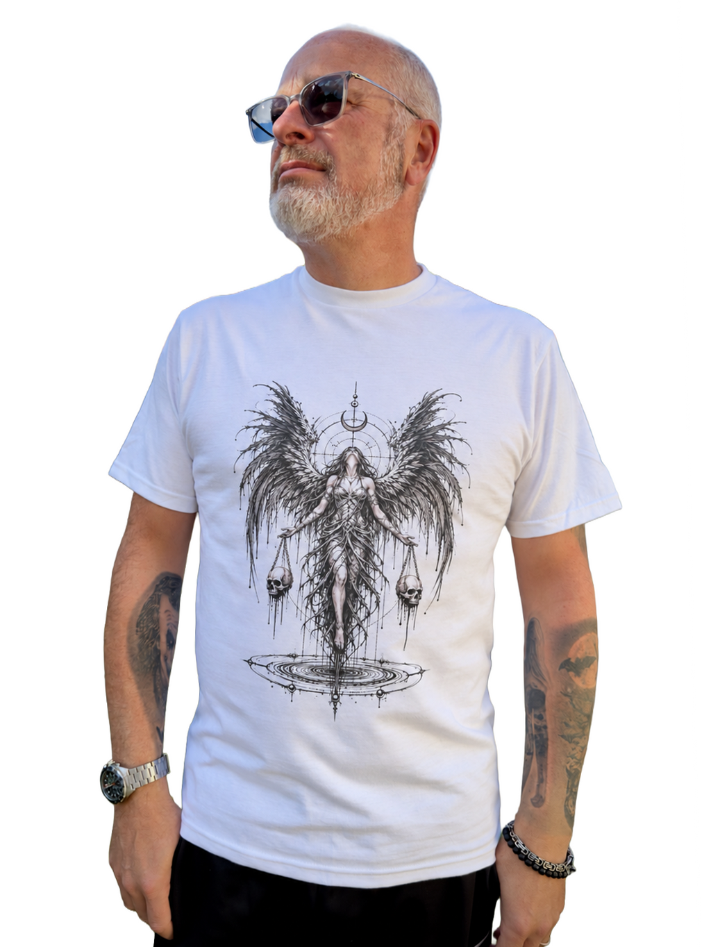 A man wearing a white crewneck t-shirt with a detailed black graphic of a winged goddess figure holding scales, photographed against a solid white background.