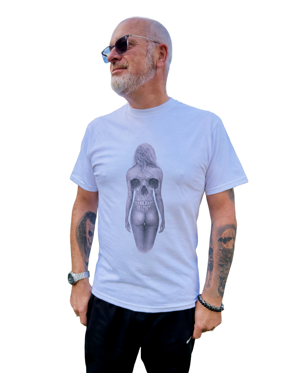 A man wearing a white crewneck t-shirt with a detailed black and gray graphic of a female skeleton on the front, paired with black pants and sunglasses, set against a plain white background.
