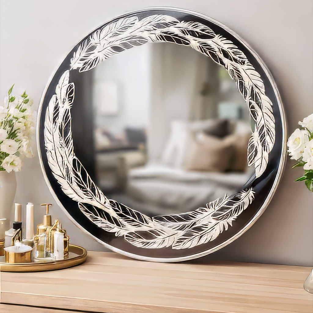 Personalised Engraved Feather Mirror – Decorative Round Wall Mirror Gift