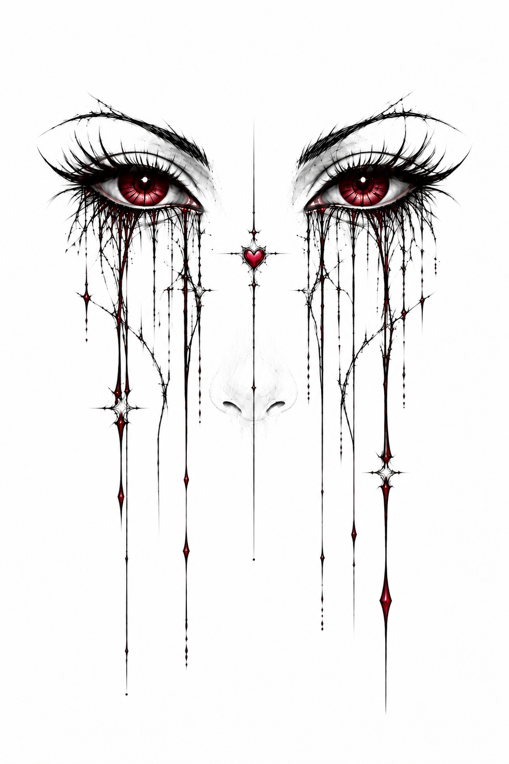 Gothic tattoo design featuring two detailed eyes with red irises, long black lashes, and black teardrop-like drips with small red gem accents on a white background.