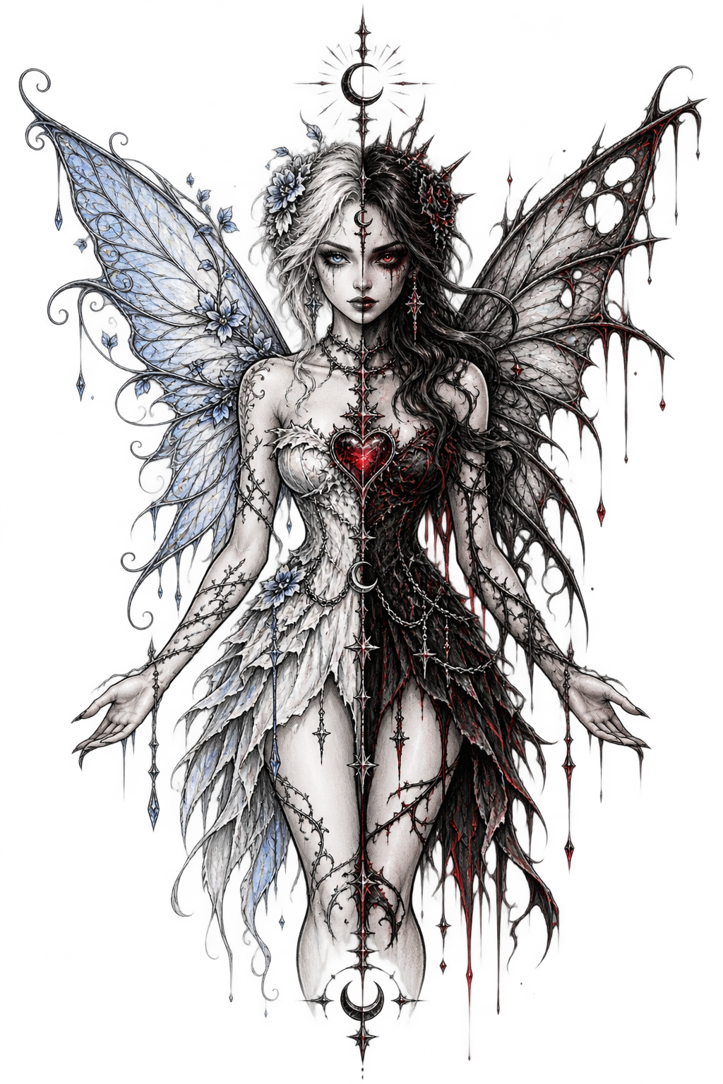 A gothic fairy illustration with split black-and-white wings, a red heart at the center, and ornate celestial details on a plain white background.