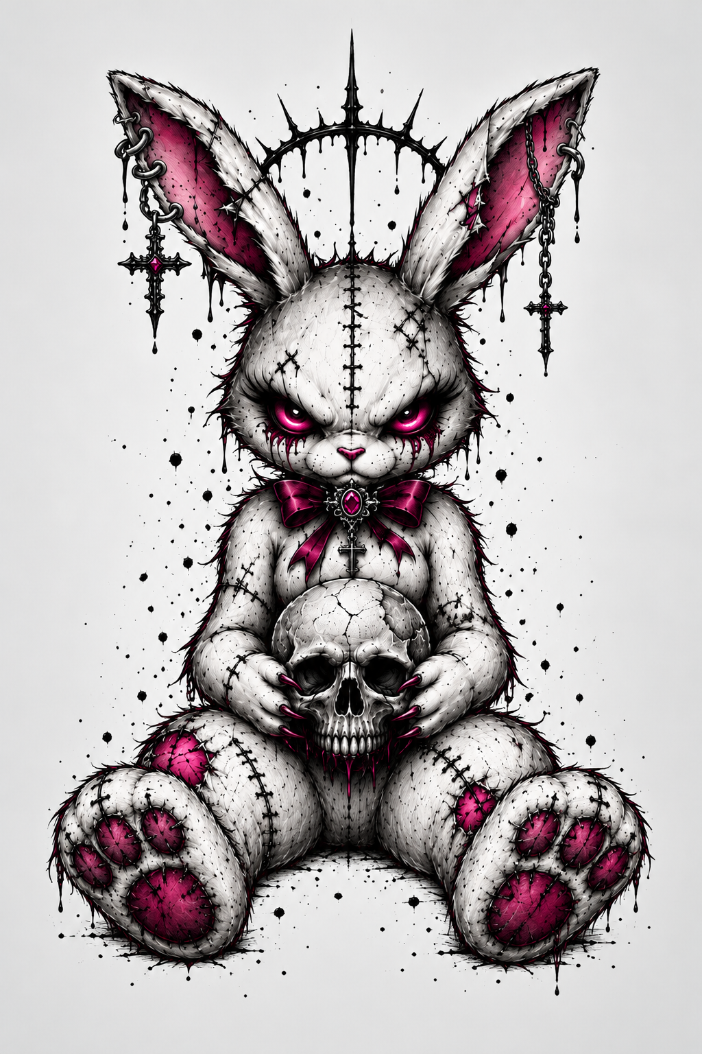 Gothic horror illustration of a stitched white rabbit holding a skull, with pink inner ears, glowing red eyes, black splatter details, and a spiked crown on a light gray background.