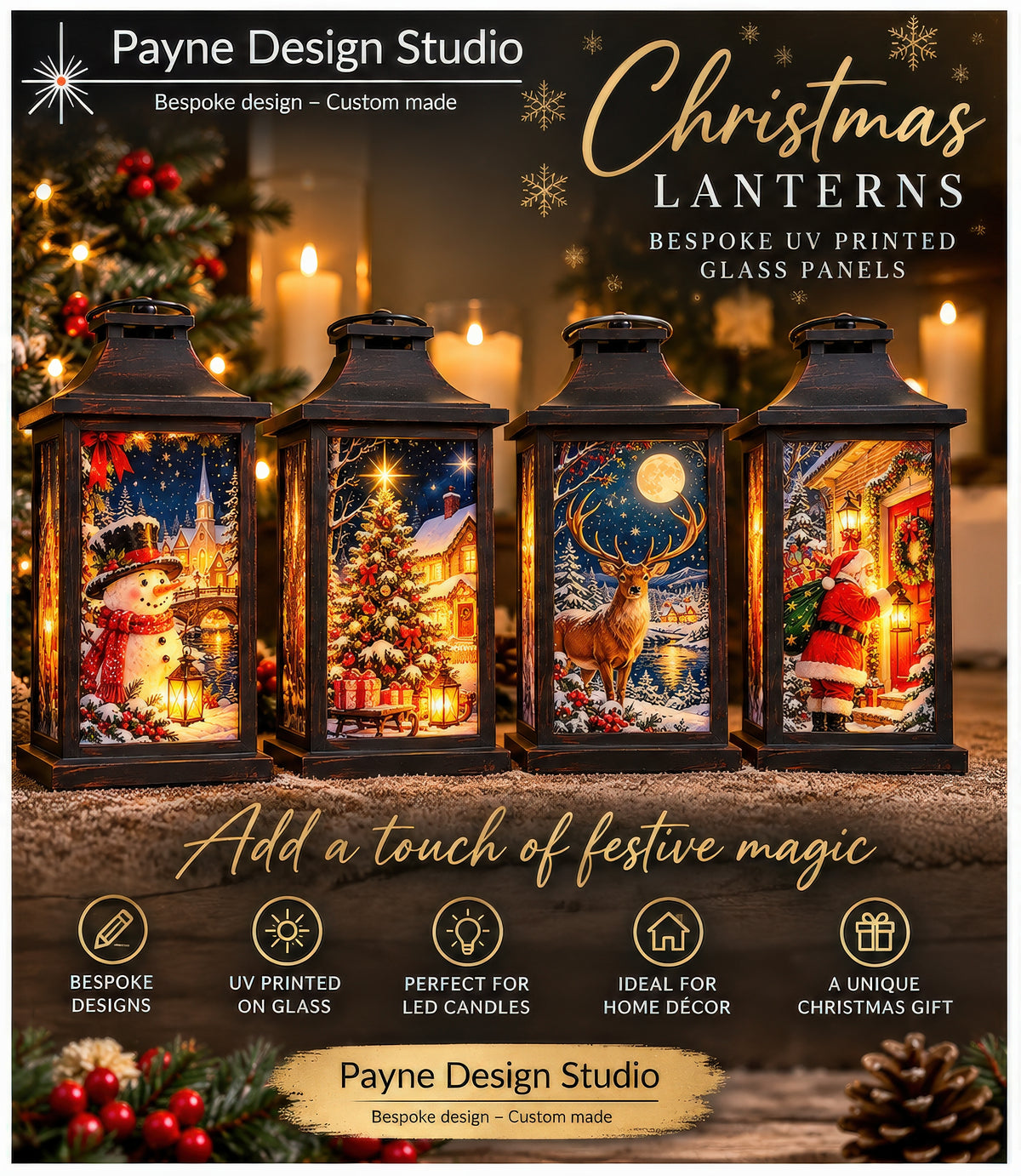 Christmas Glass Lantern – Festive LED Candle Holder | Traditional Christmas Designs