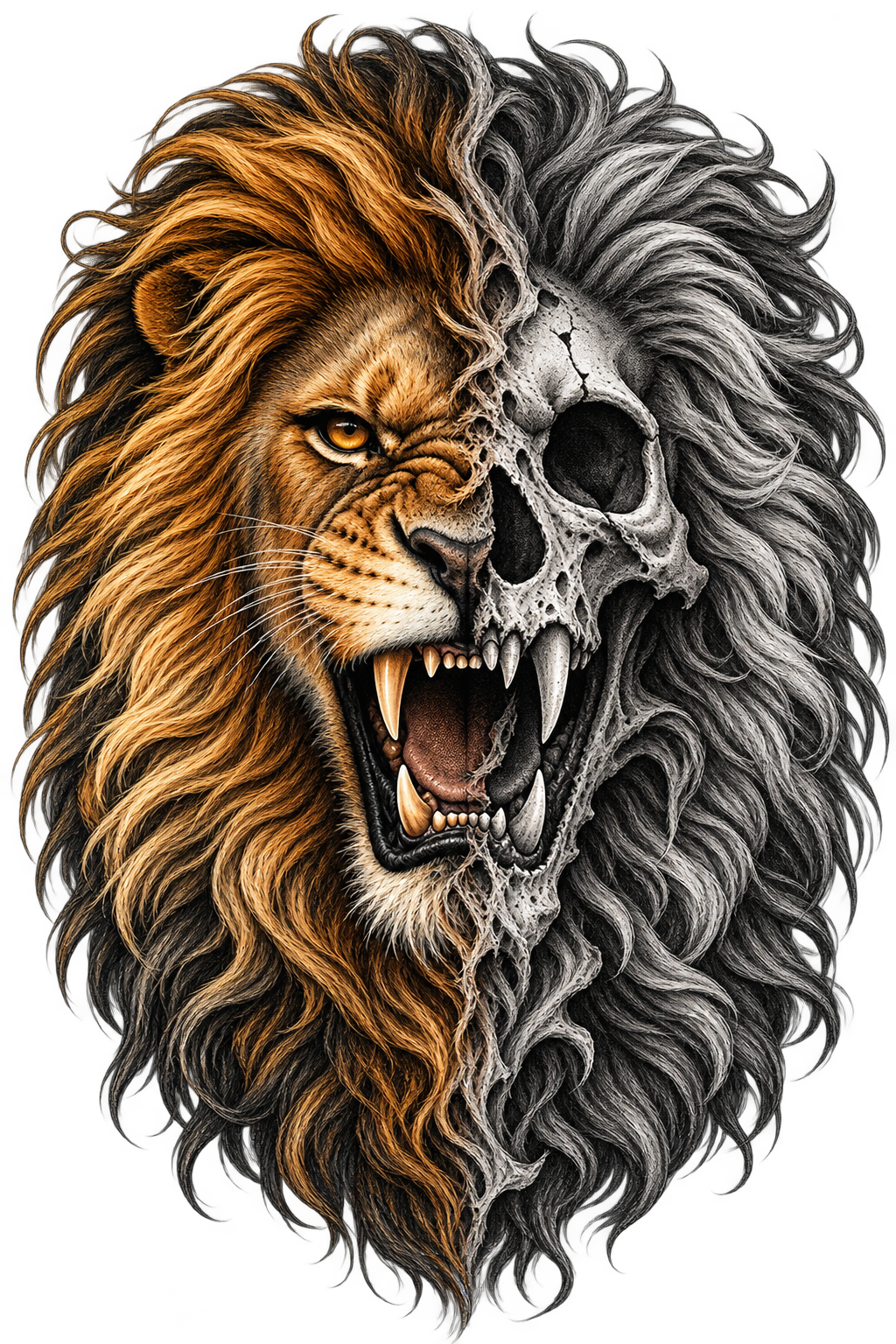 A stylized split lion head illustration on a black background, with one half showing a detailed orange-brown lion face and mane, and the other half showing a gray skull-like face and mane.