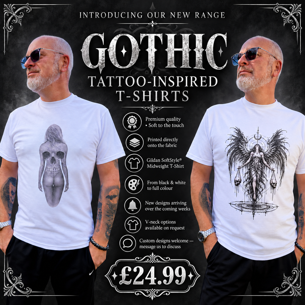 Promotional graphic for Gothic Tattoo-Inspired T-Shirts showing two older men wearing white graphic T-shirts against a dark gothic-themed background. The left shirt features a black and gray winged skull design, and the right shirt features a black and gray winged figure with a halo.