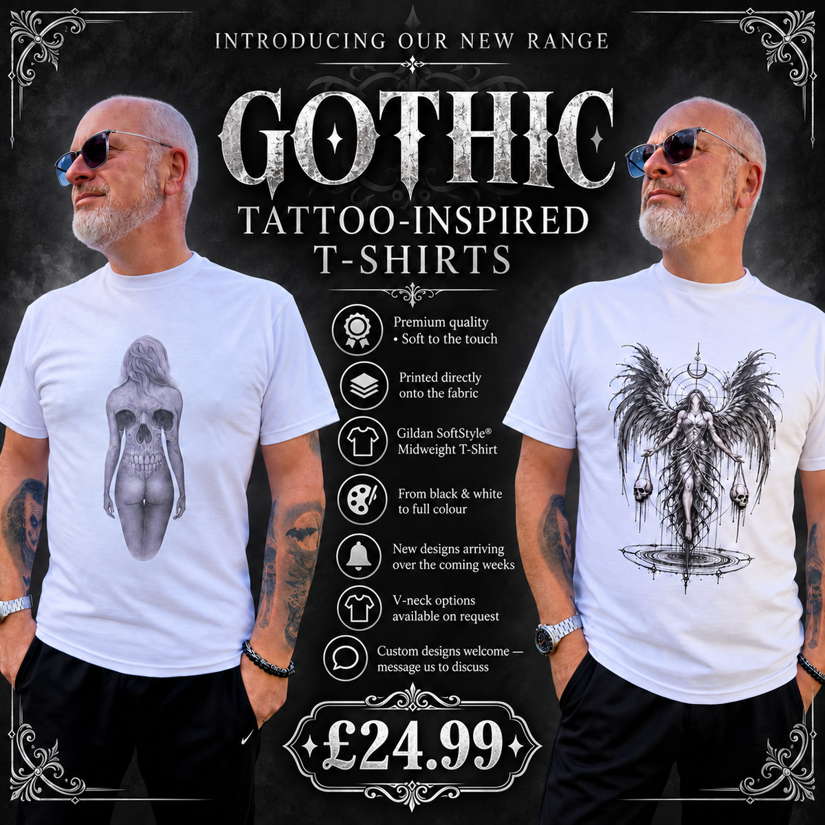 Promotional graphic for Gothic Tattoo-Inspired T-Shirts showing two older men wearing white graphic T-shirts against a dark gothic-themed background. The left shirt features a black and gray winged skull design, and the right shirt features a black and gray winged figure with a halo.