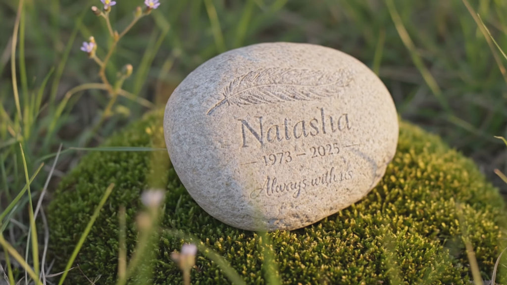 Personalised Memorial Pebble – Engraved Remembrance Stone with Feather