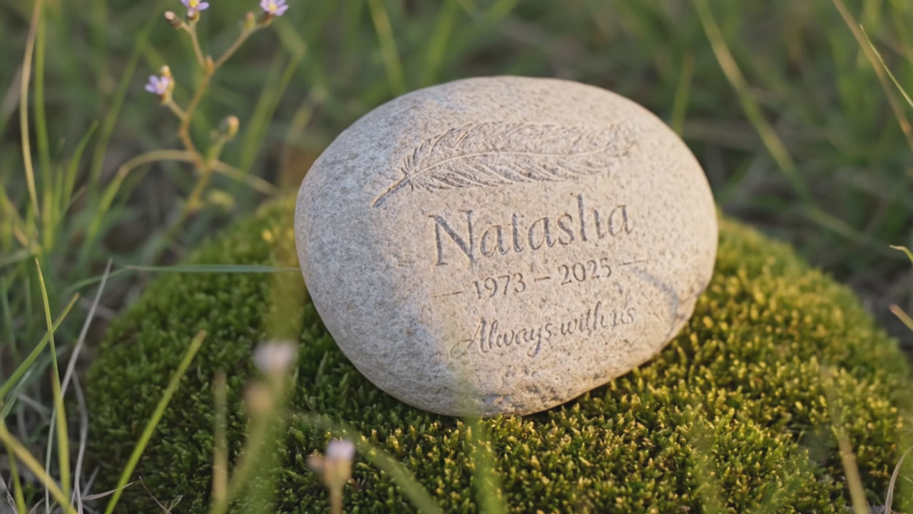 Personalised Memorial Pebble – Engraved Remembrance Stone with Feather