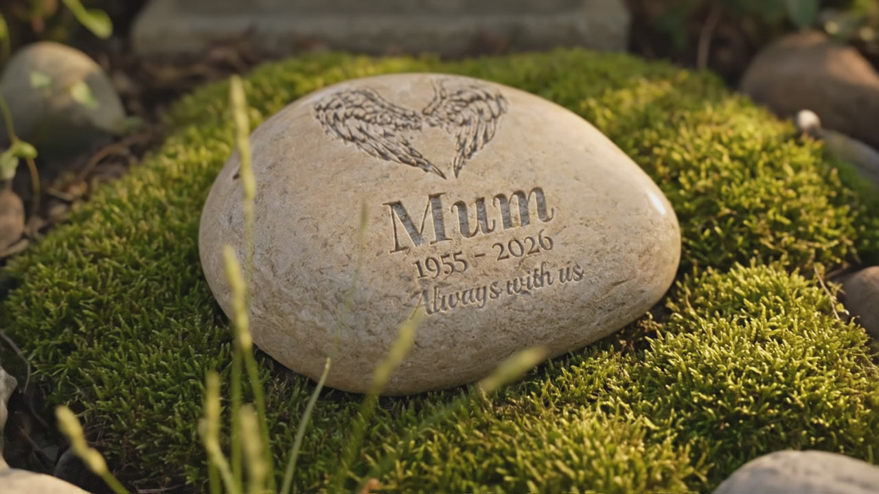 Personalised Memorial Pebble – Engraved Remembrance Stone with Angel Wings