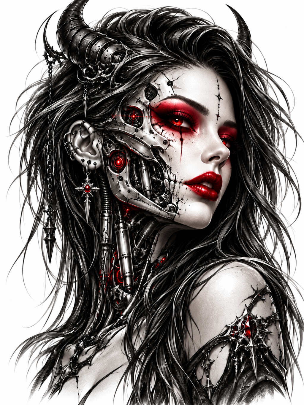 Gothic fantasy illustration of a woman with long black hair, horns, a metallic skull faceplate, red eye makeup, and red lips on a white background.
