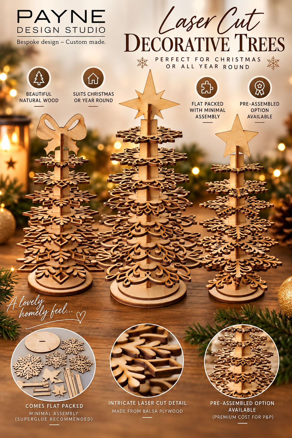 Laser-Cut Wooden Decorative Trees | Natural Plywood | Christmas & Home Décor